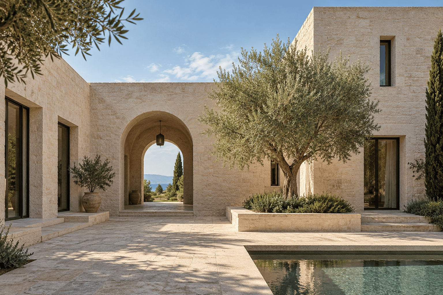 Illustrative Mediterranean architecture with a stone facade and olive trees
